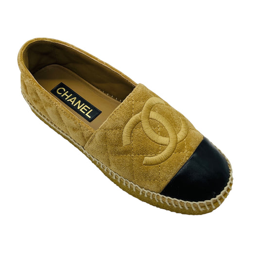 Chanel Tan / Black Leather Cap Toe CC Logo Embossed Quilted Suede Espadrille Flats