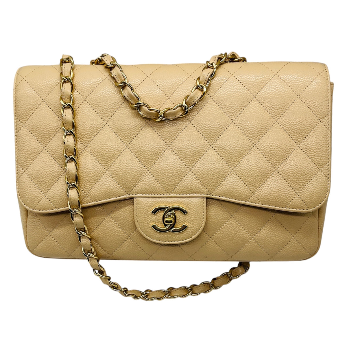 Chanel Beige Quilted Caviar Leather Chain Strap Single Flap Handbag with Gold Hardware