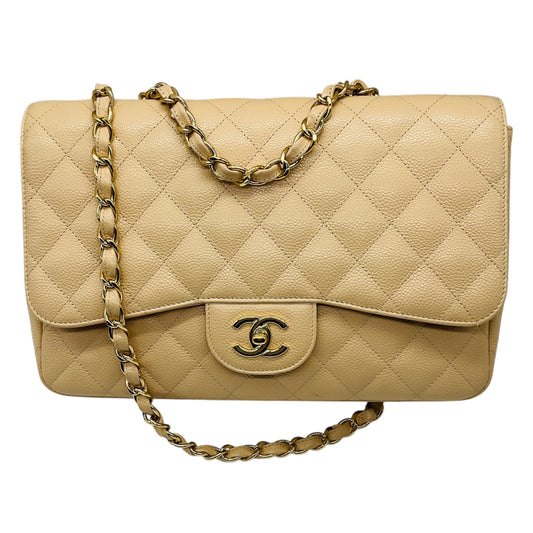 Chanel Beige Quilted Caviar Leather Chain Strap Single Flap Handbag with Gold Hardware