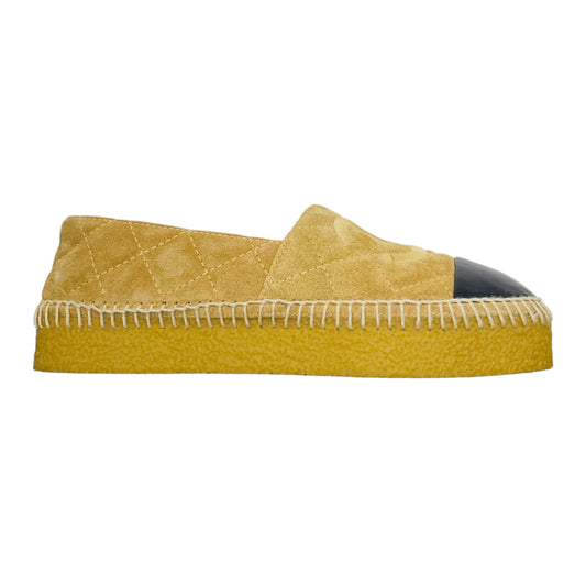 Chanel Tan / Black Leather Cap Toe CC Logo Embossed Quilted Suede Espadrille Flats