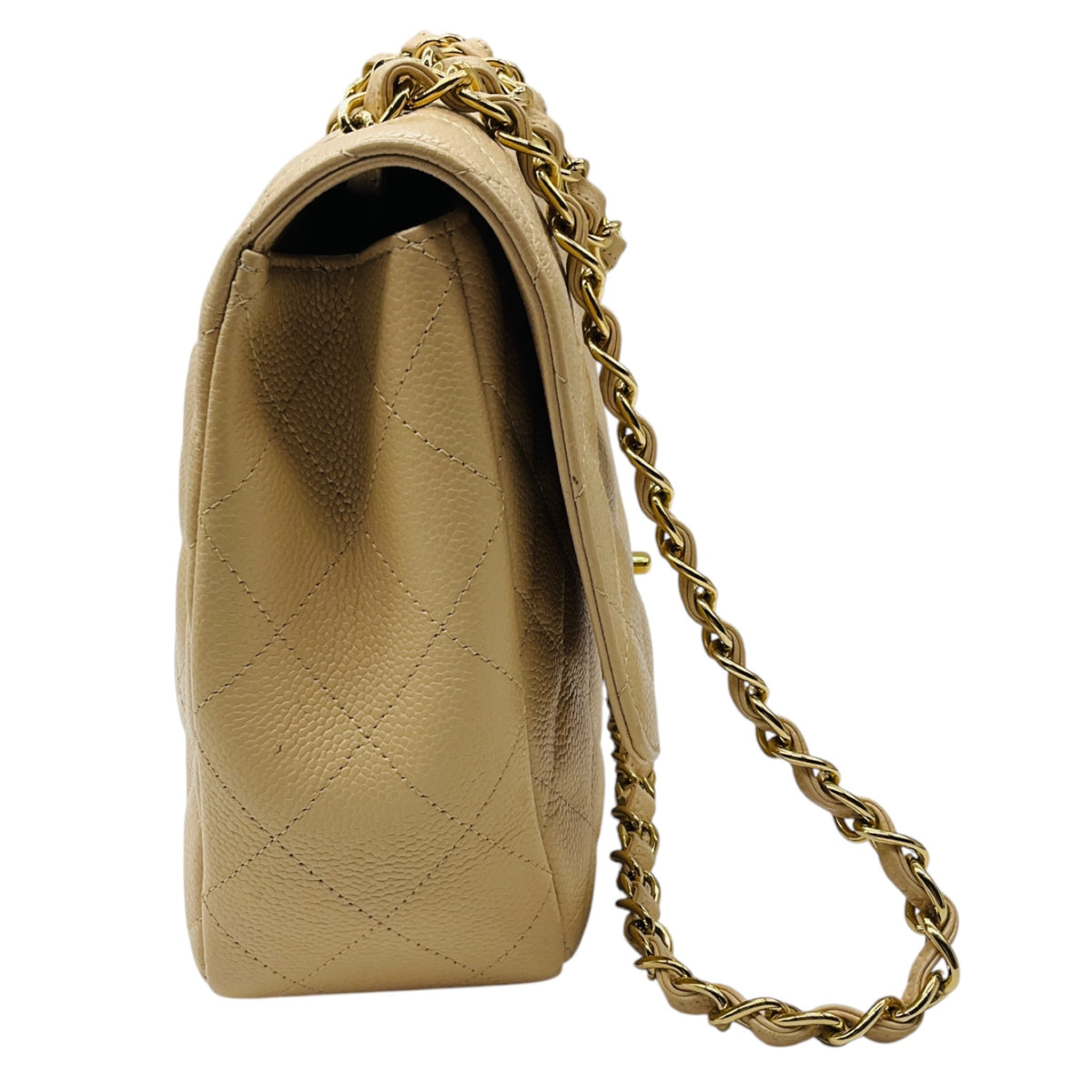 Chanel Beige Quilted Caviar Leather Chain Strap Single Flap Handbag with Gold Hardware