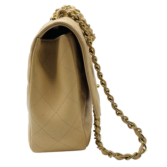 Chanel Beige Quilted Caviar Leather Chain Strap Single Flap Handbag with Gold Hardware