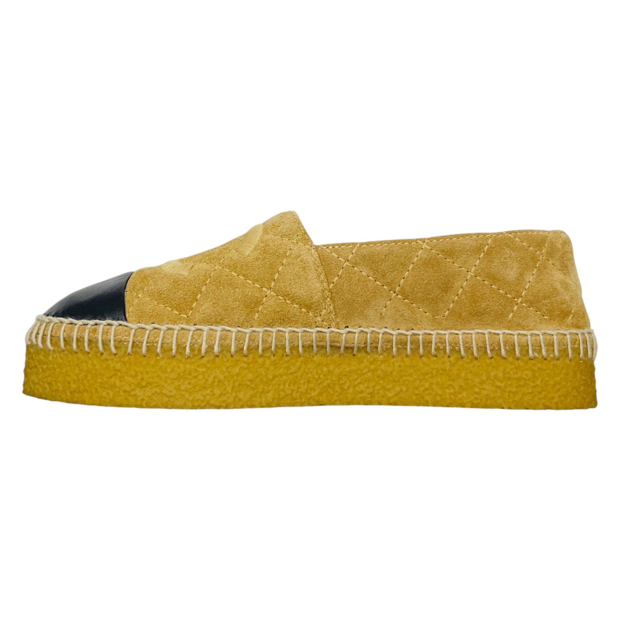 Chanel Tan / Black Leather Cap Toe CC Logo Embossed Quilted Suede Espadrille Flats