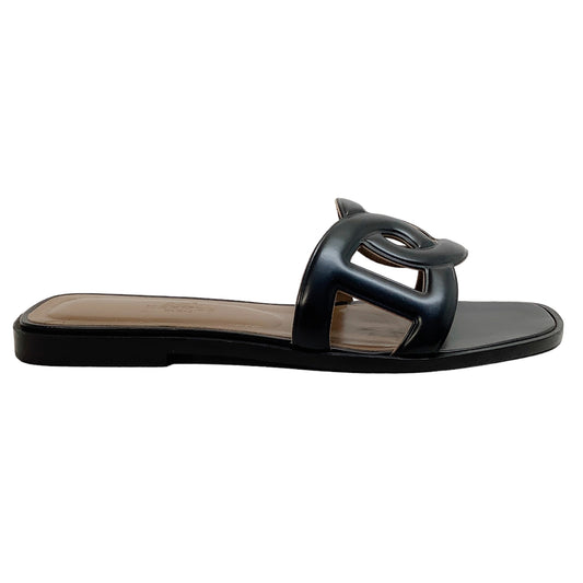 Hermes Black Leather Aloha Slide Sandals