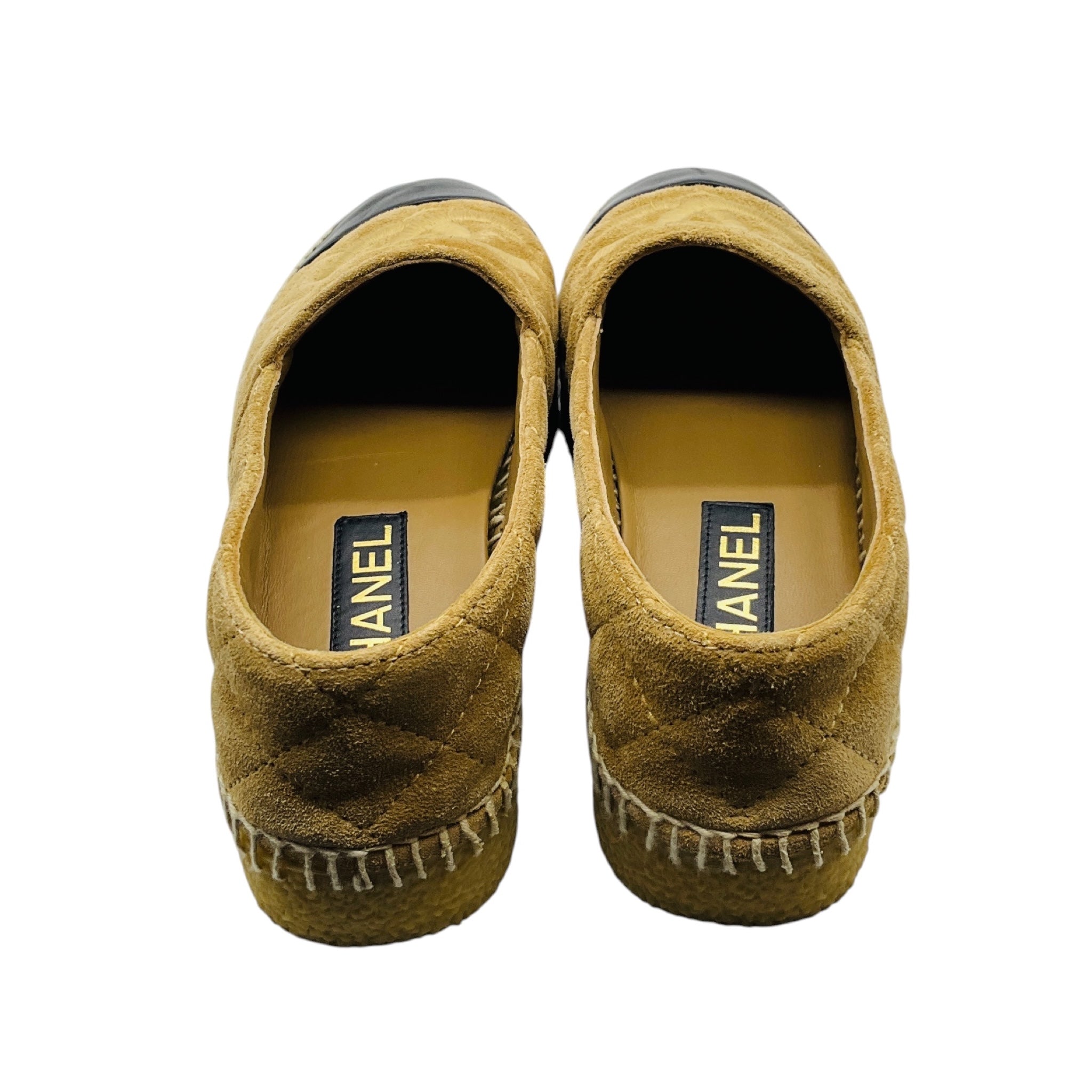 Chanel Tan / Black Leather Cap Toe CC Logo Embossed Quilted Suede Espadrille Flats