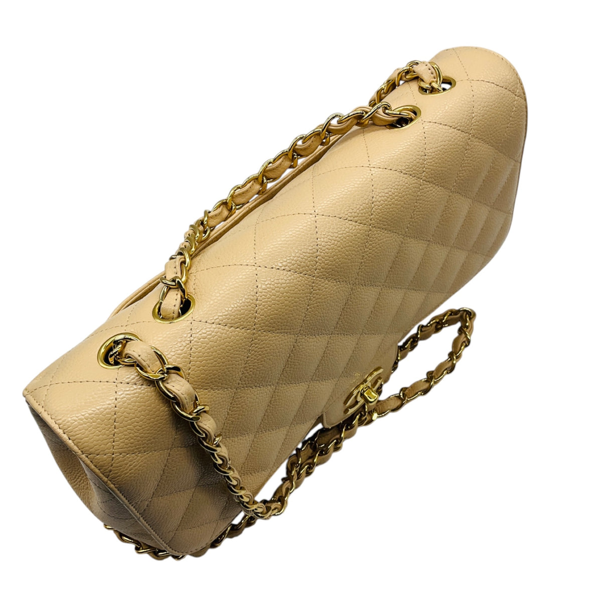 Chanel Beige Quilted Caviar Leather Chain Strap Single Flap Handbag with Gold Hardware