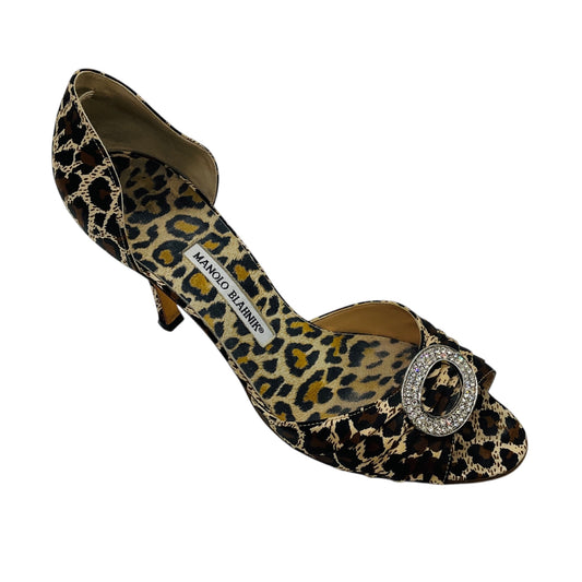 Manolo Blahnik Tan / Brown / Black Sedaraby Leopard Satin Crystal Buckle Peep Toe Heels