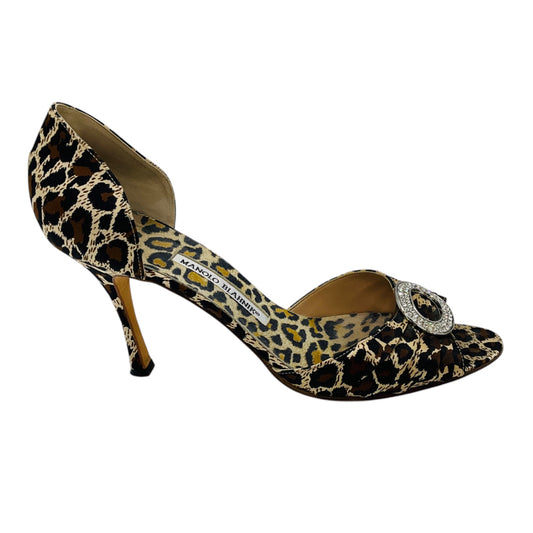 Manolo Blahnik Tan / Brown / Black Sedaraby Leopard Satin Crystal Buckle Peep Toe Heels