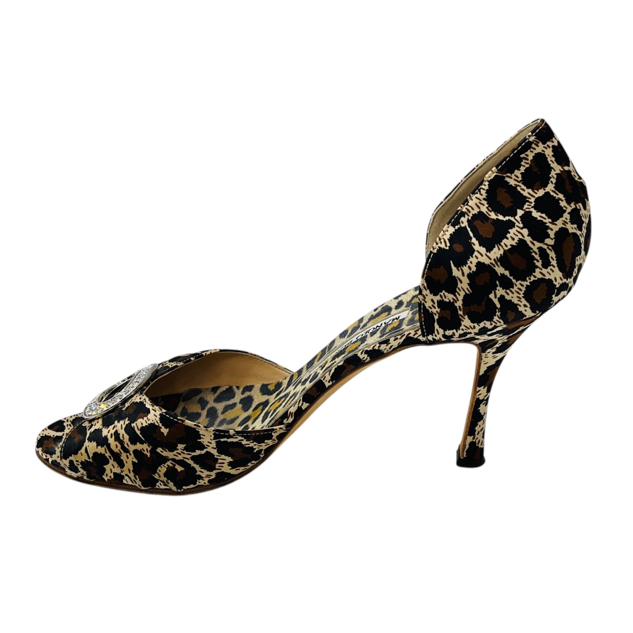 Manolo Blahnik Tan / Brown / Black Sedaraby Leopard Satin Crystal Buckle Peep Toe Heels