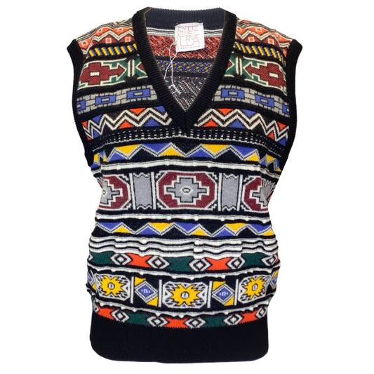 Stella Jean Black Multi Sleeveless V-Neck Wool Knit Jacquard Vest