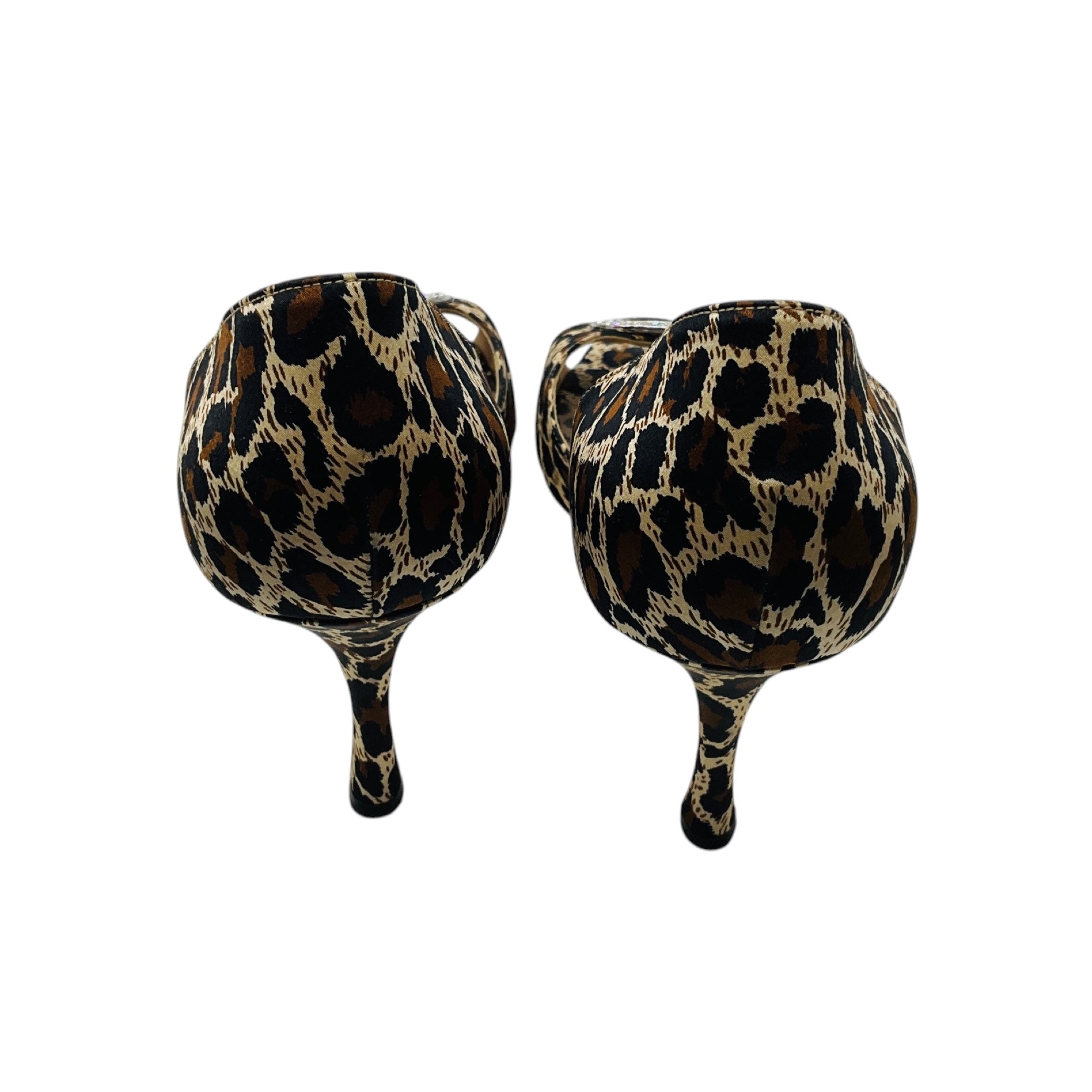 Manolo Blahnik Tan / Brown / Black Sedaraby Leopard Satin Crystal Buckle Peep Toe Heels