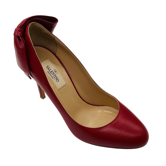 Valentino Red Round Toe Leather Pumps with Bow Detail