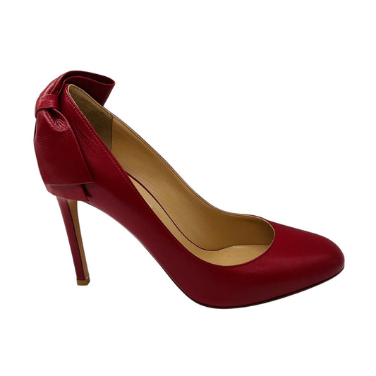 Valentino Red Round Toe Leather Pumps with Bow Detail