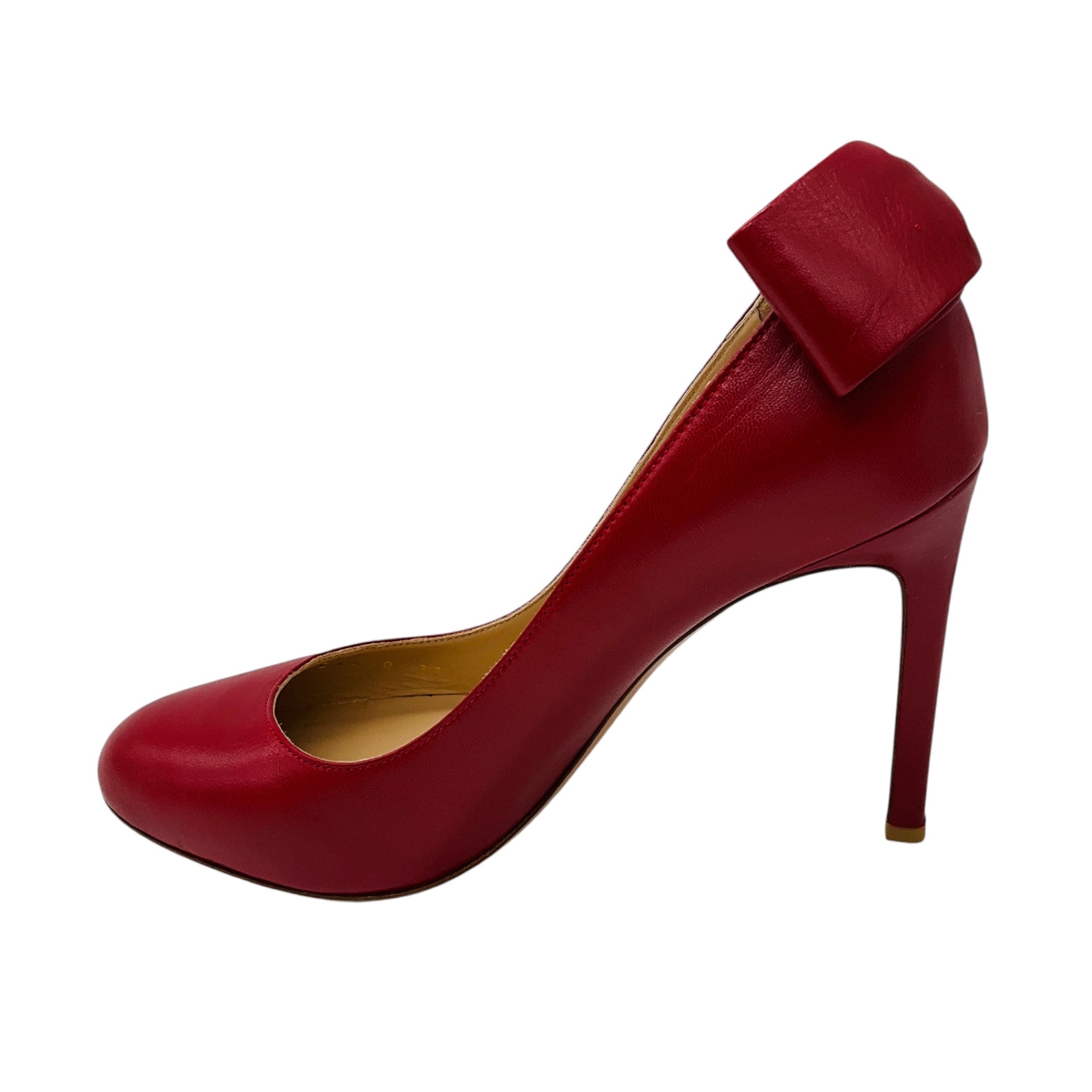 Valentino Red Round Toe Leather Pumps with Bow Detail