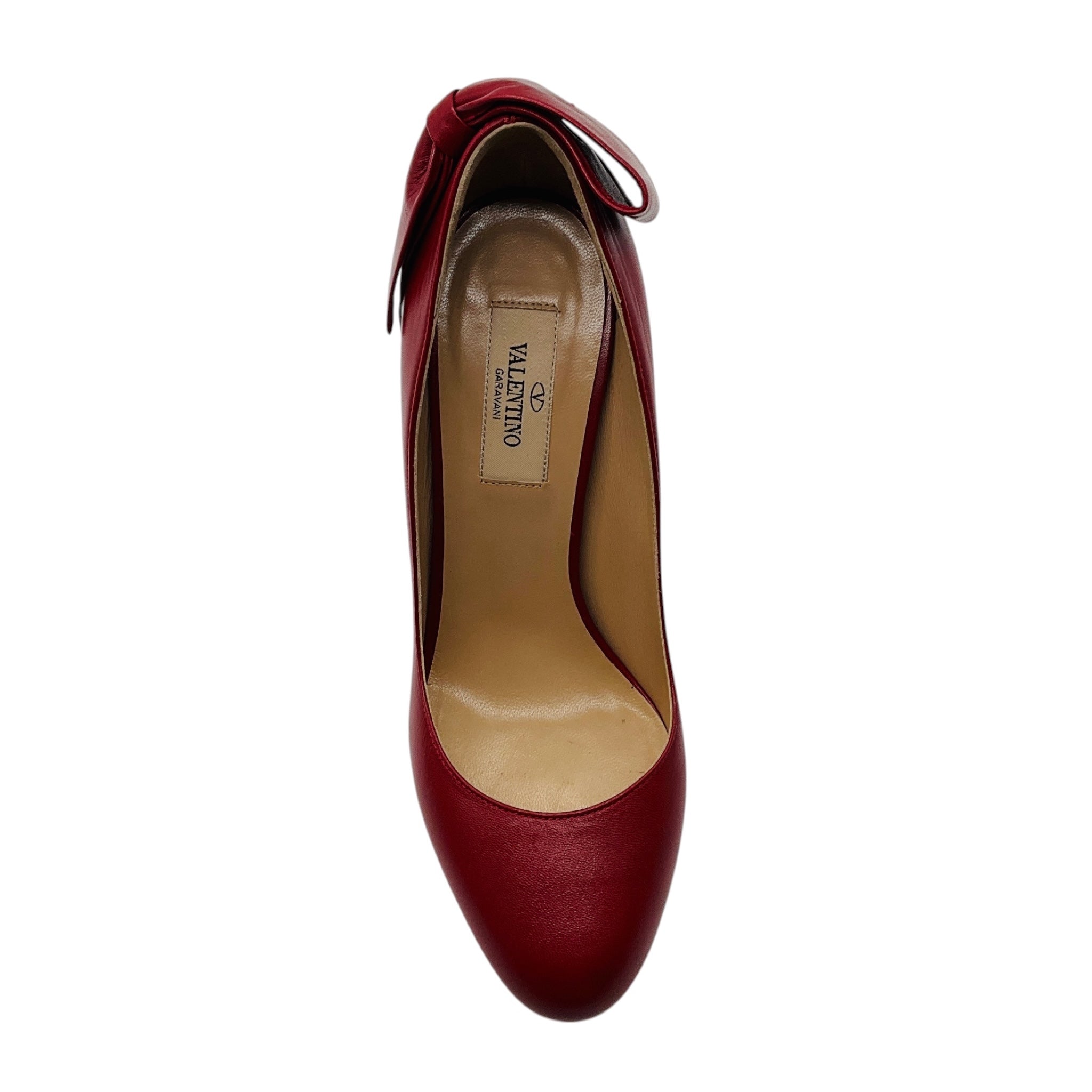 Valentino Red Round Toe Leather Pumps with Bow Detail