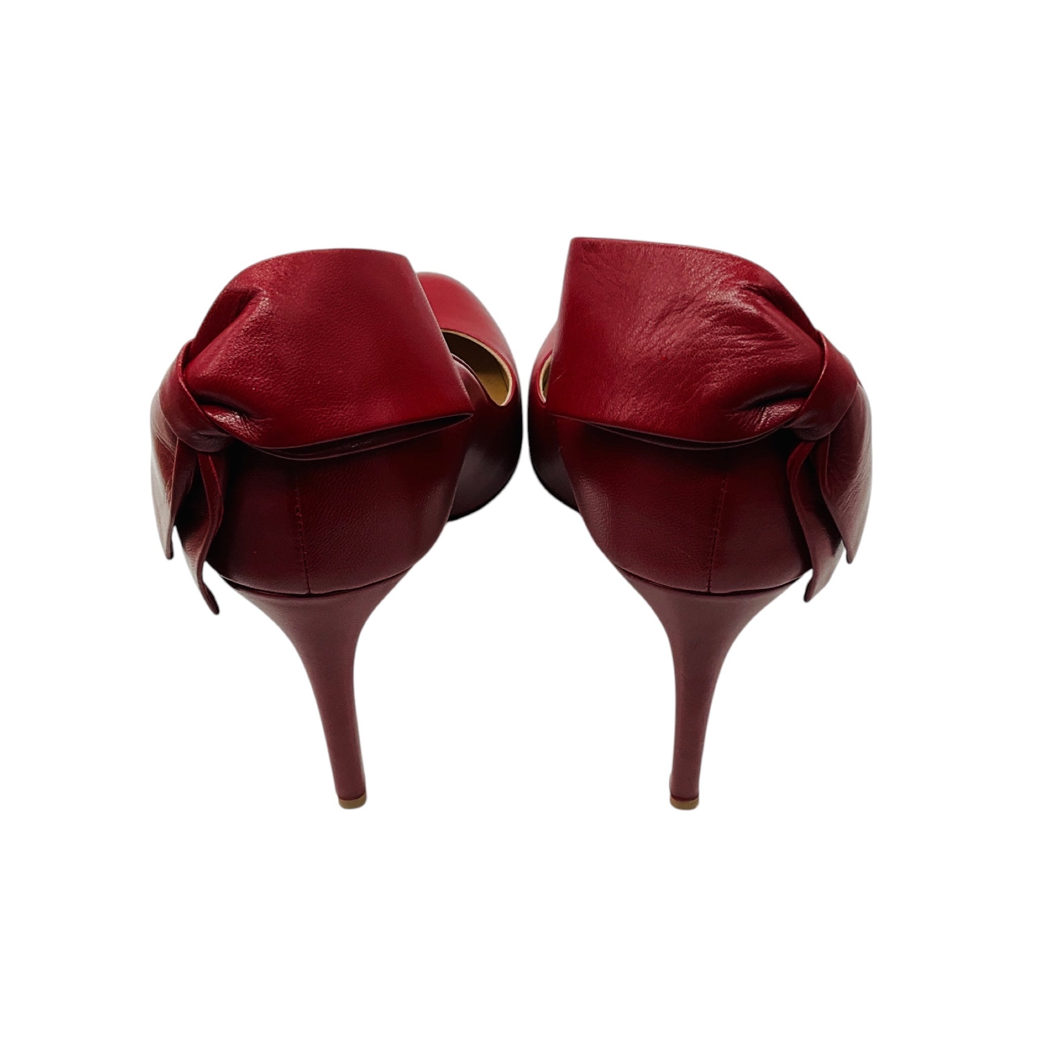 Valentino Red Round Toe Leather Pumps with Bow Detail