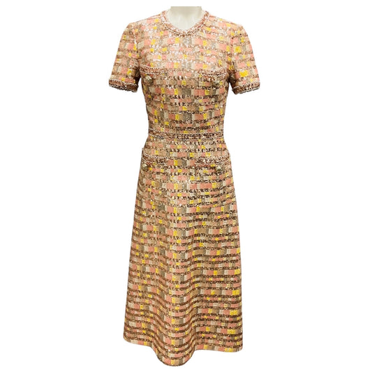 Elie Saab Blush Pink / Yellow / Rose Gold Metallic Camaleonte Sequined Midi Dress