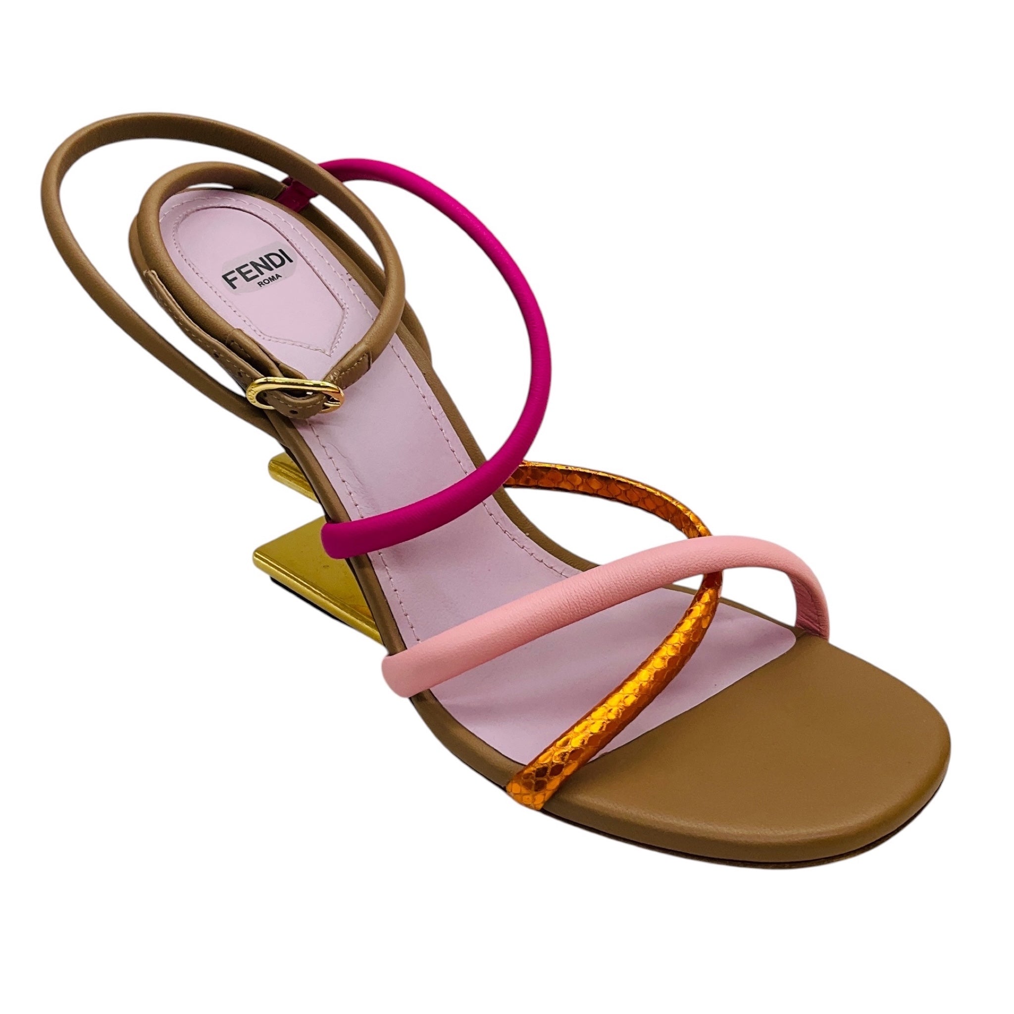 Fendi Pink / Tan Multi First F Colorblock Strappy Napa Architectural Heel Sandals
