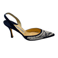 Load image into Gallery viewer, Manolo Blahnik Navy Blue / White Embroidered Linen Slingback Pumps
