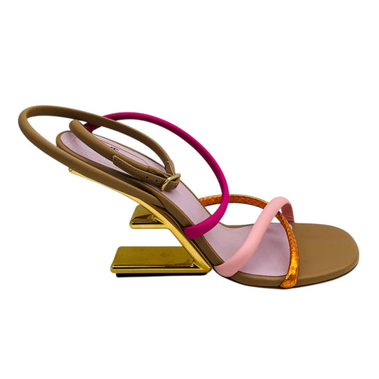 Fendi Pink / Tan Multi First F Colorblock Strappy Napa Architectural Heel Sandals