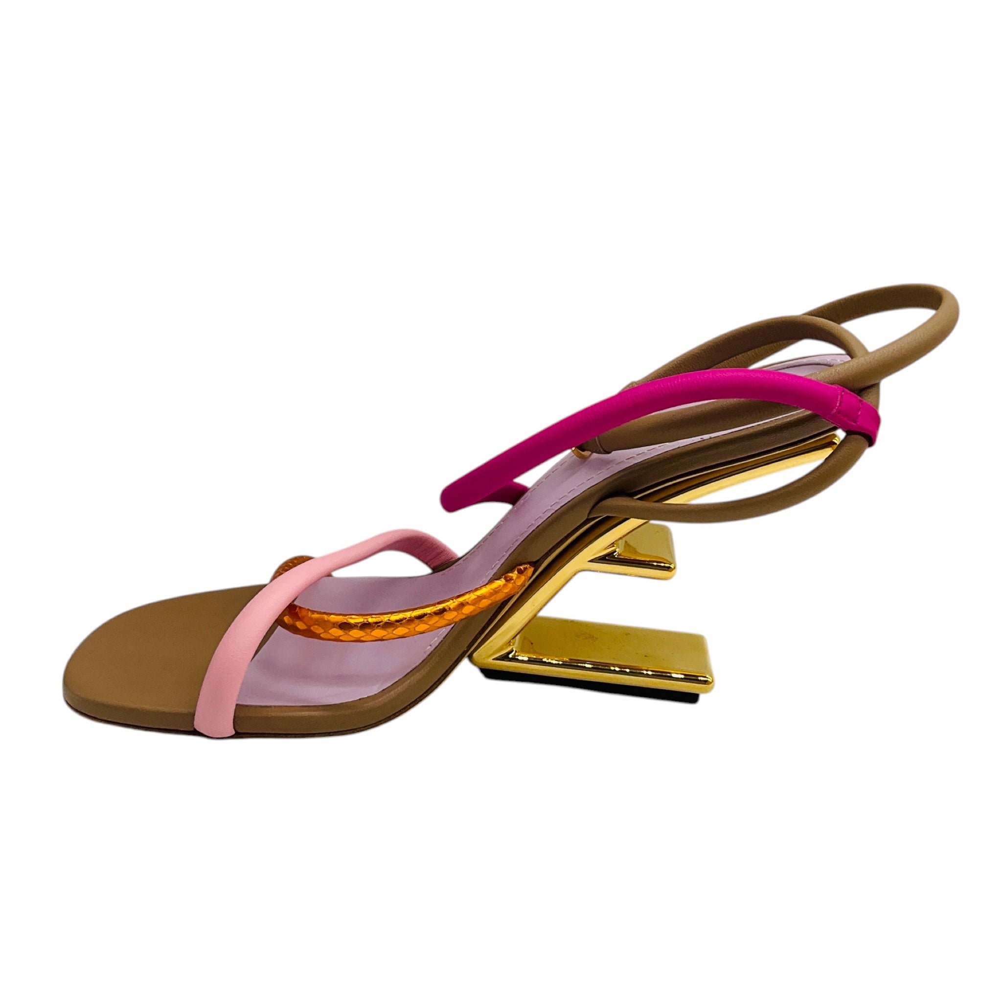 Fendi Pink / Tan Multi First F Colorblock Strappy Napa Architectural Heel Sandals