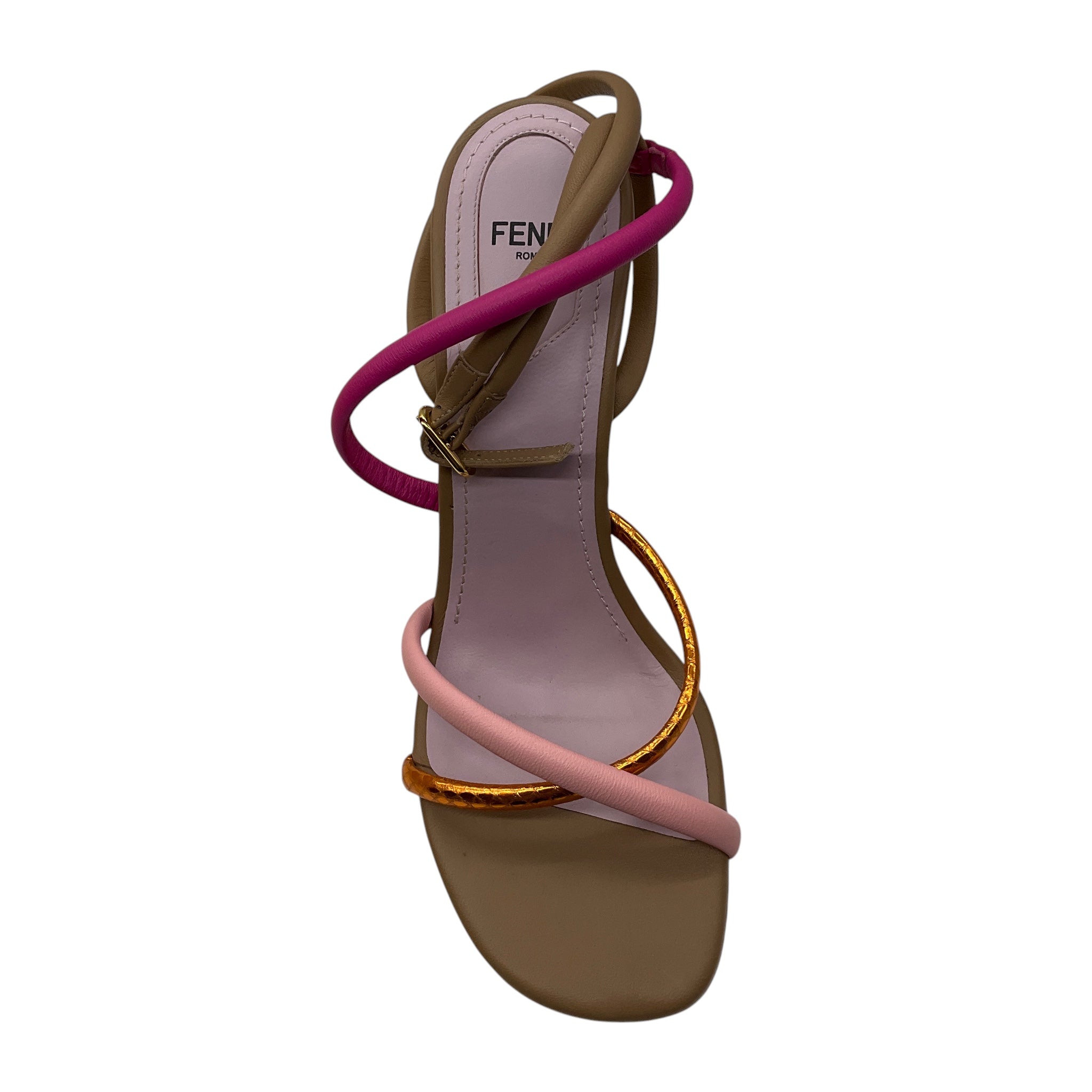 Fendi Pink / Tan Multi First F Colorblock Strappy Napa Architectural Heel Sandals