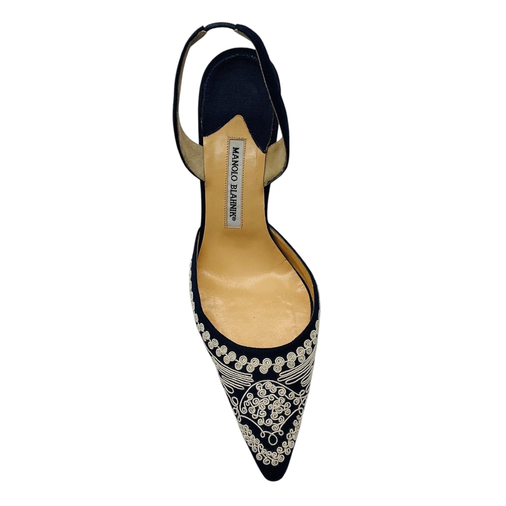 Manolo Blahnik Navy Blue / White Embroidered Linen Slingback Pumps