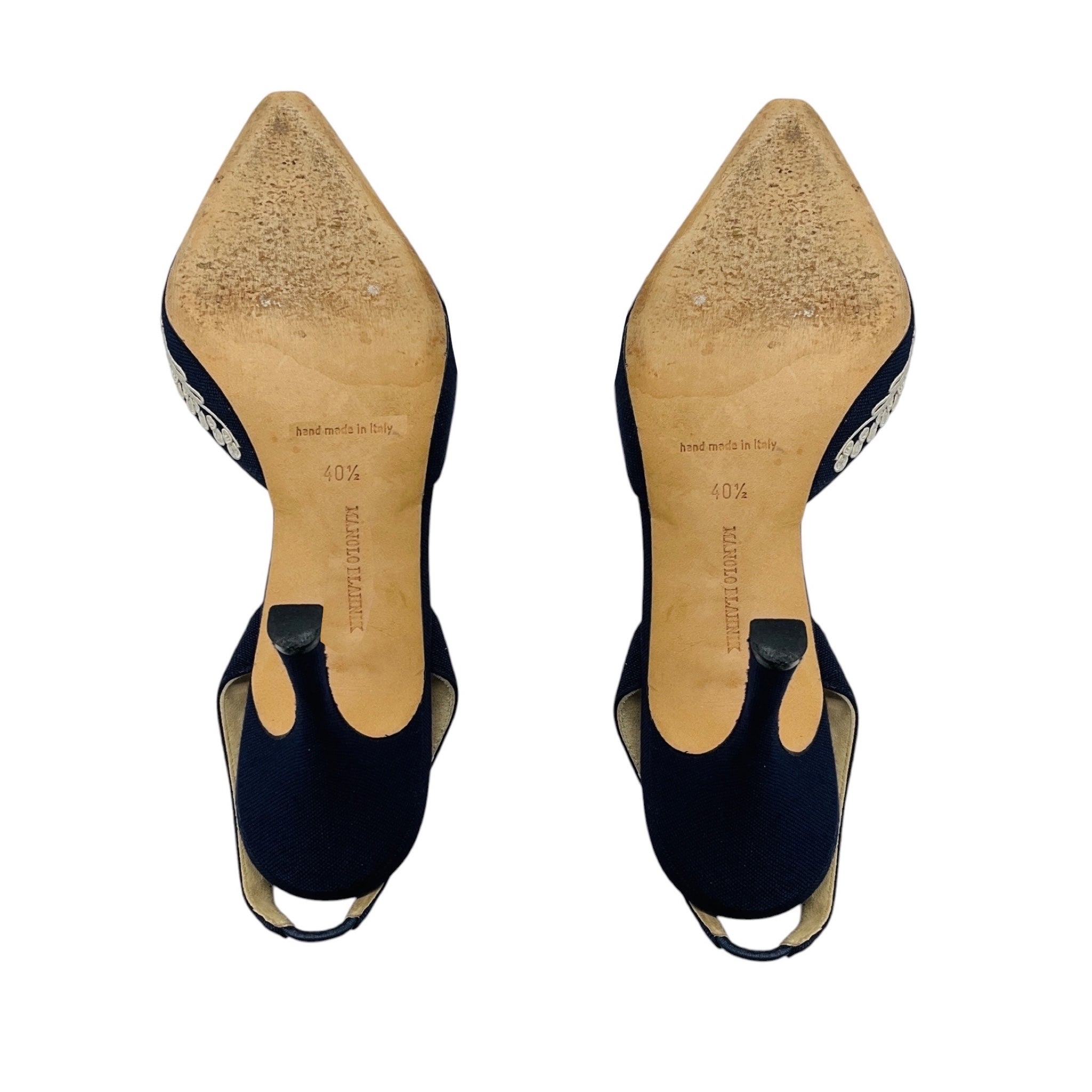 Manolo Blahnik Navy Blue / White Embroidered Linen Slingback Pumps