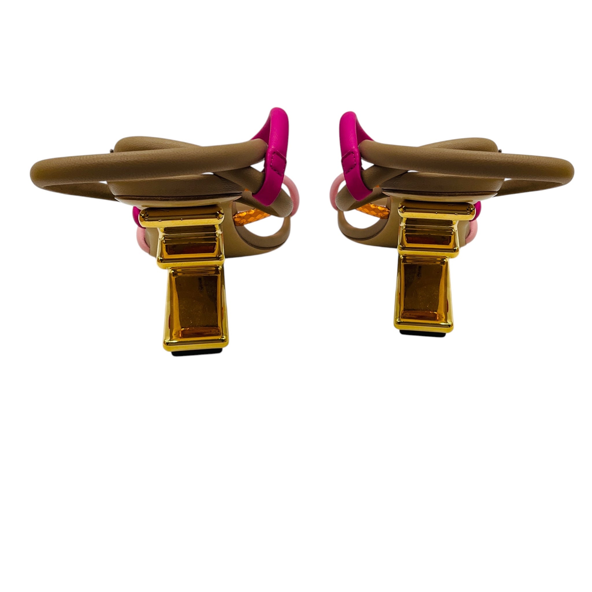 Fendi Pink / Tan Multi First F Colorblock Strappy Napa Architectural Heel Sandals
