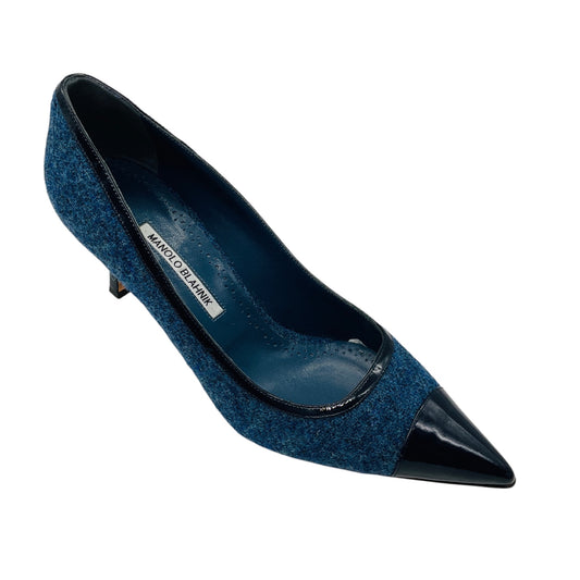 Manolo Blahnik Blue Wool Tweed Pumps with Navy Patent Leather Pointed Cap Toe