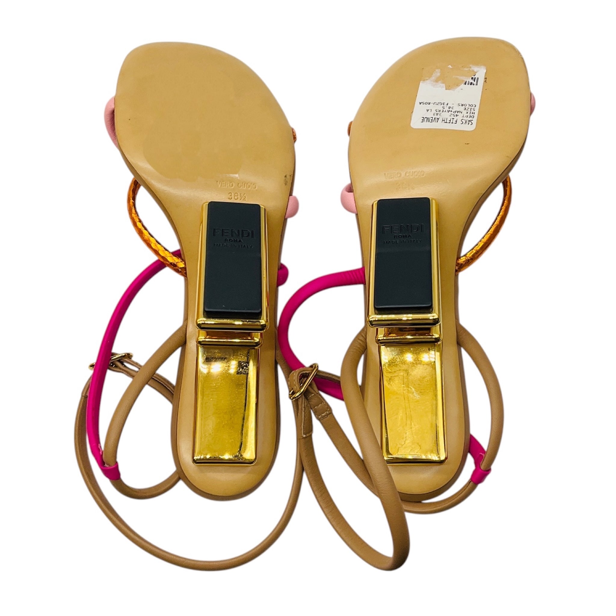 Fendi Pink / Tan Multi First F Colorblock Strappy Napa Architectural Heel Sandals