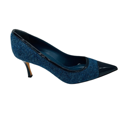 Manolo Blahnik Blue Wool Tweed Pumps with Navy Patent Leather Pointed Cap Toe