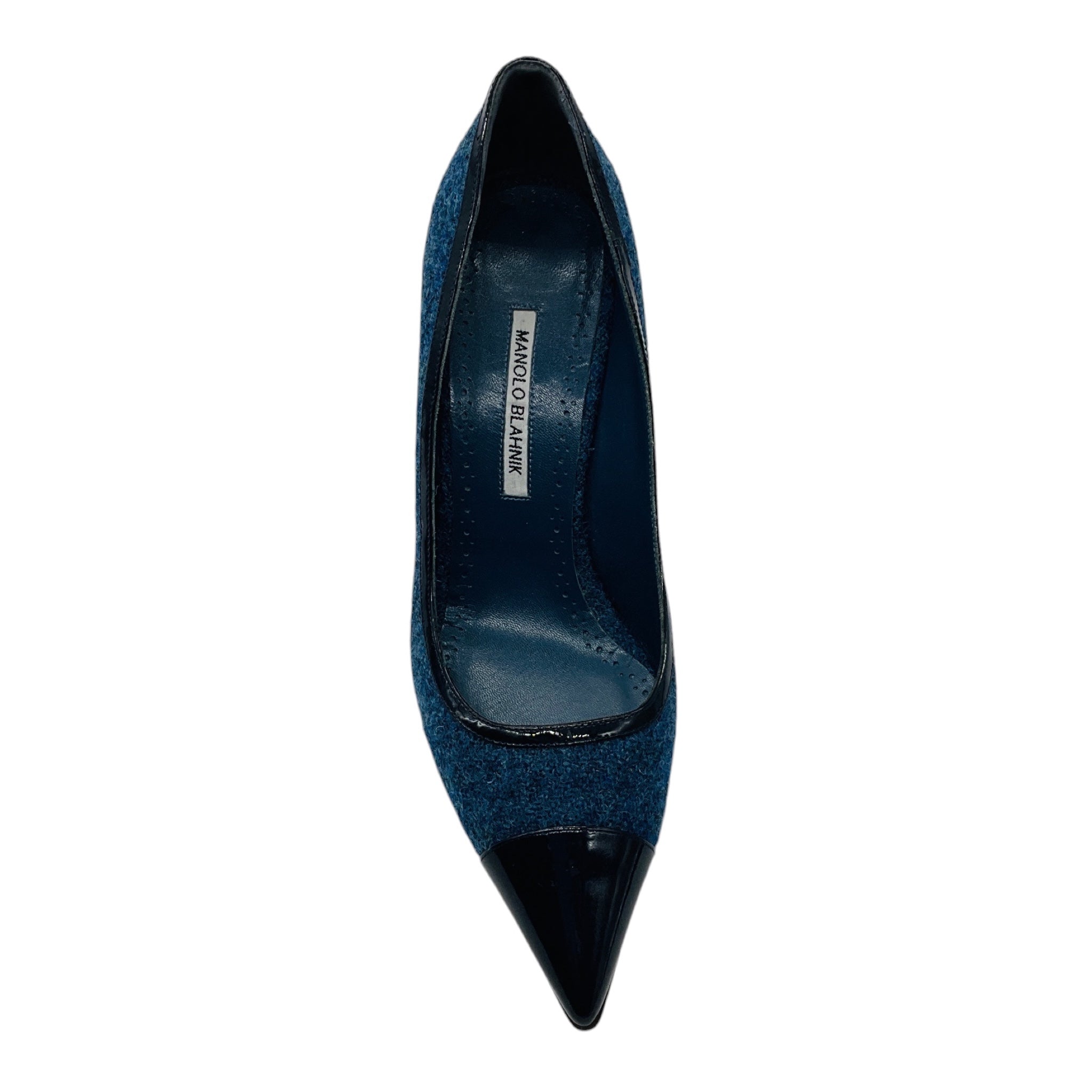 Manolo Blahnik Blue Wool Tweed Pumps with Navy Patent Leather Pointed Cap Toe