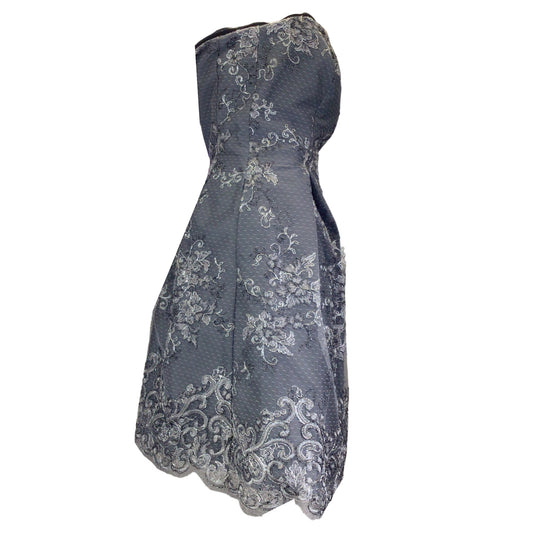 Monique Lhuillier Grey / Silver Metallic Embroidered Lace Strapless Mini Dress