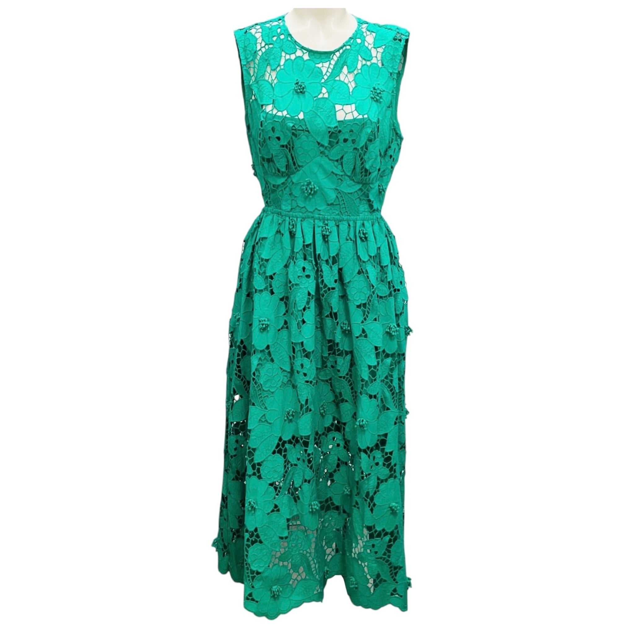 Self-Portrait Green 3D Cotton Lace Midi Dress