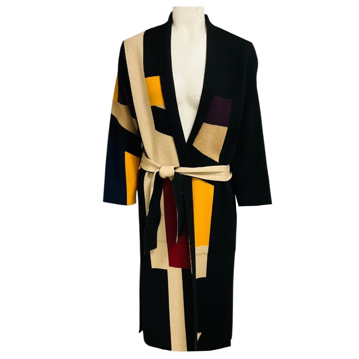 Akris Black / Beige Multi Reversible Shimmer Knit Cashmere Coat with Belt