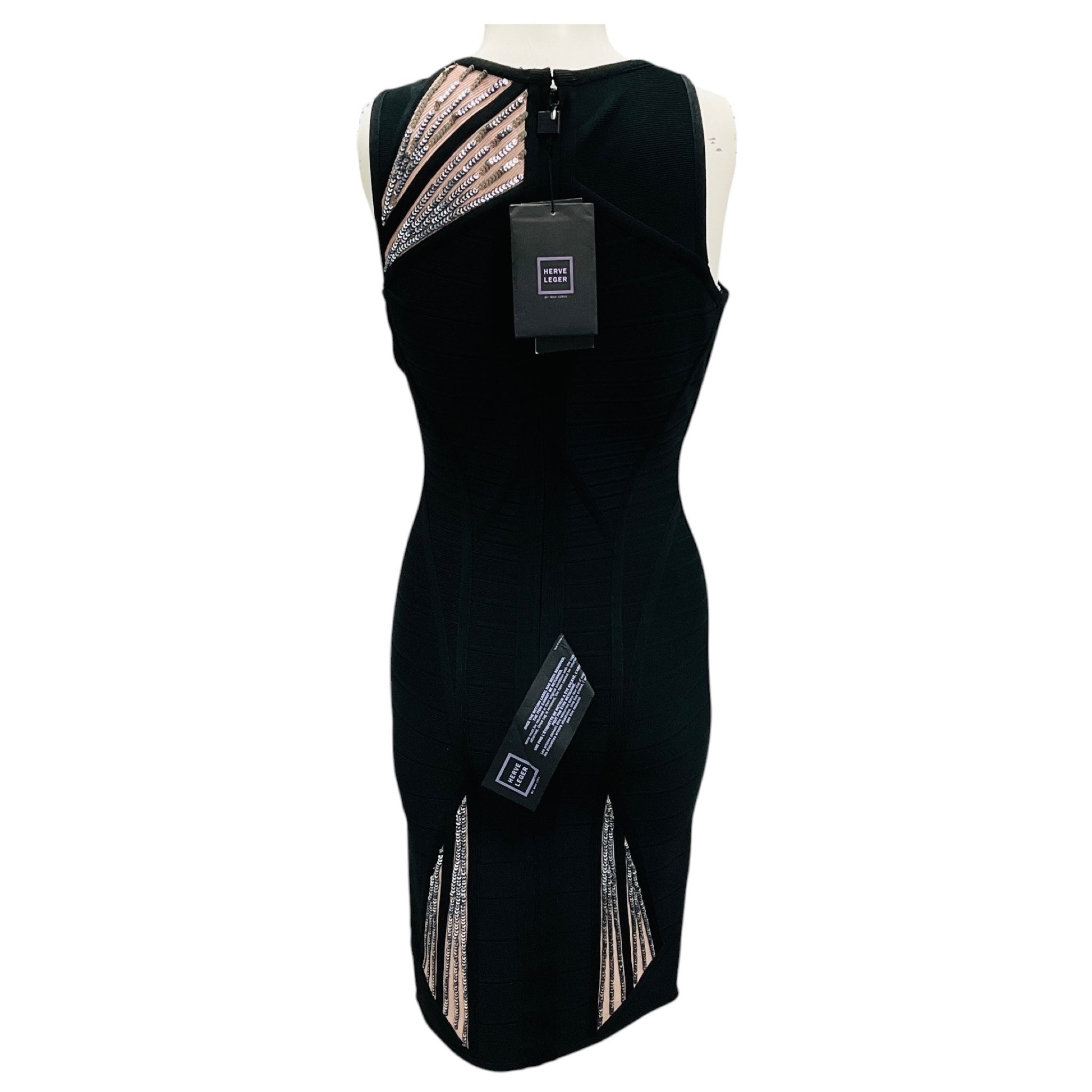 Herve Leger Black Sunburst Sequin Embellished Halle Bandage Bodycon Cocktail Dress