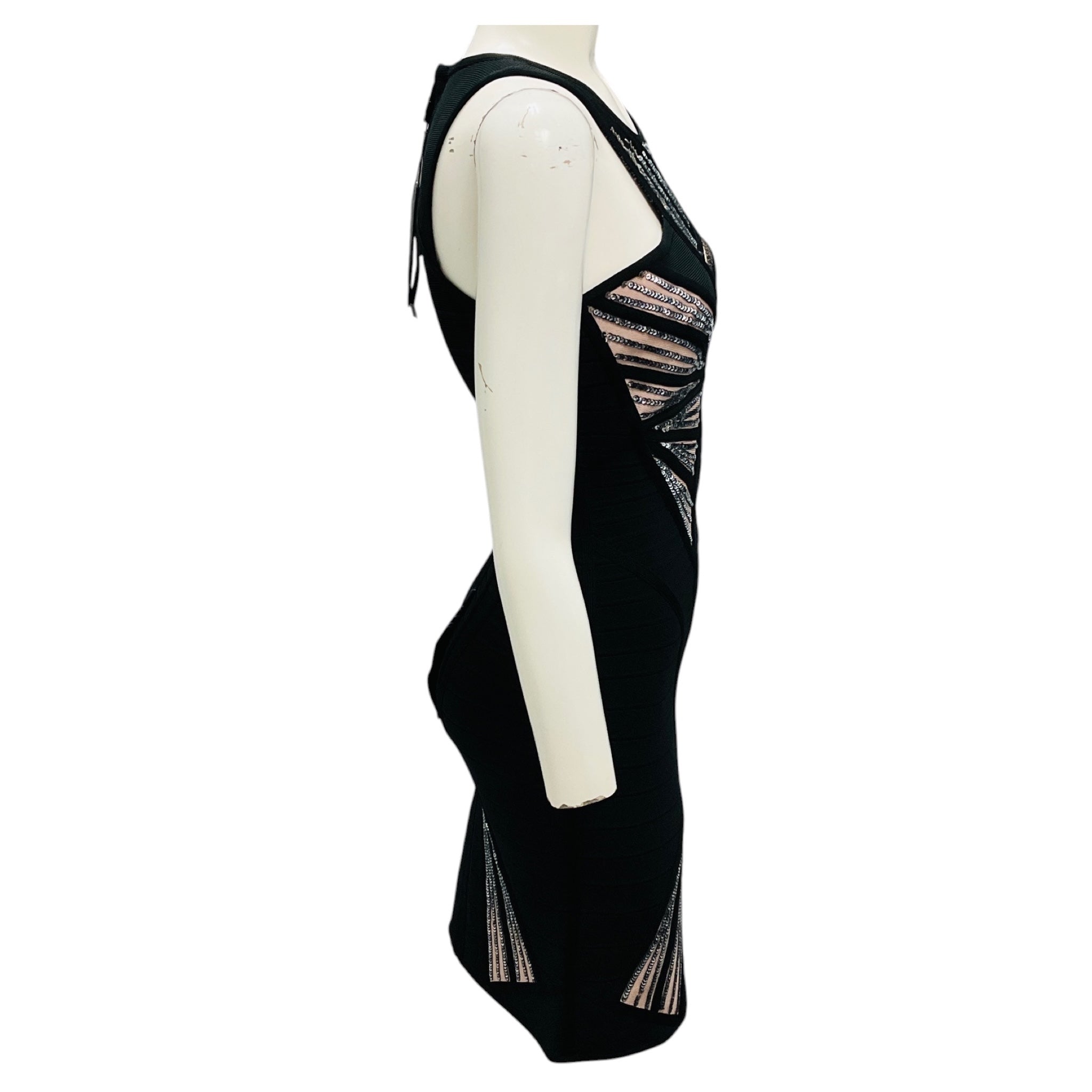 Herve Leger Black Sunburst Sequin Embellished Halle Bandage Bodycon Cocktail Dress