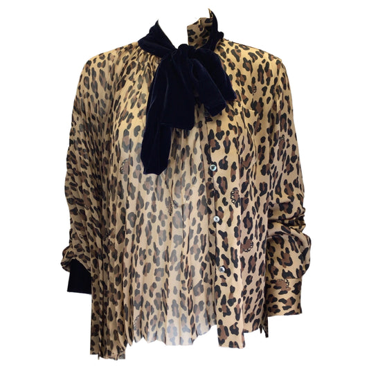 Sacai Tan / Brown / Black / Navy Blue Velvet Tie-Neck Pleated Leopard Printed Satin and Crepe Blouse