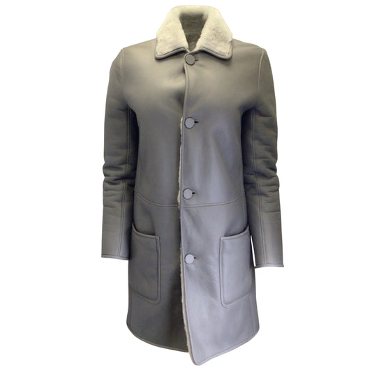 Celine Mouton Grey Reversible Sheepskin Leather and Shearling Fur Coat