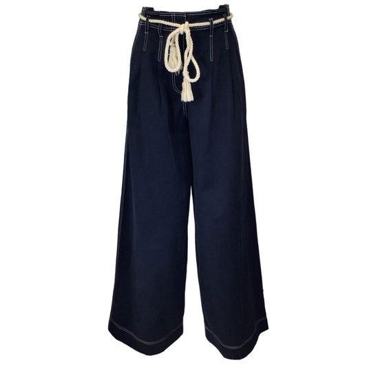 Ulla Johnson Navy Blue / White Contrast Stitching Rope Belt Cotton Wide Leg Pants