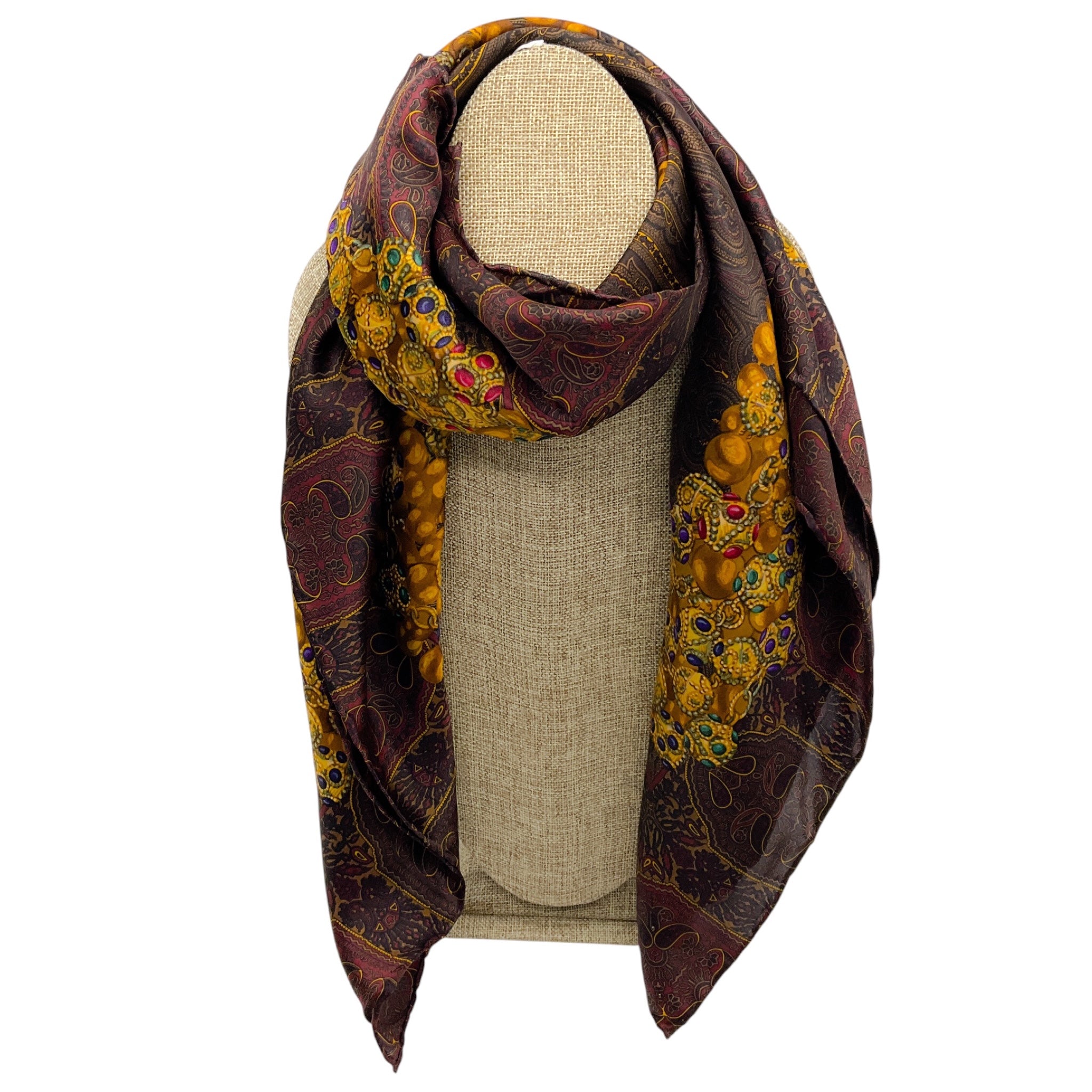 Chanel Brown / Burgundy / Gold Multi Jewel Print Square Silk Twill Scarf