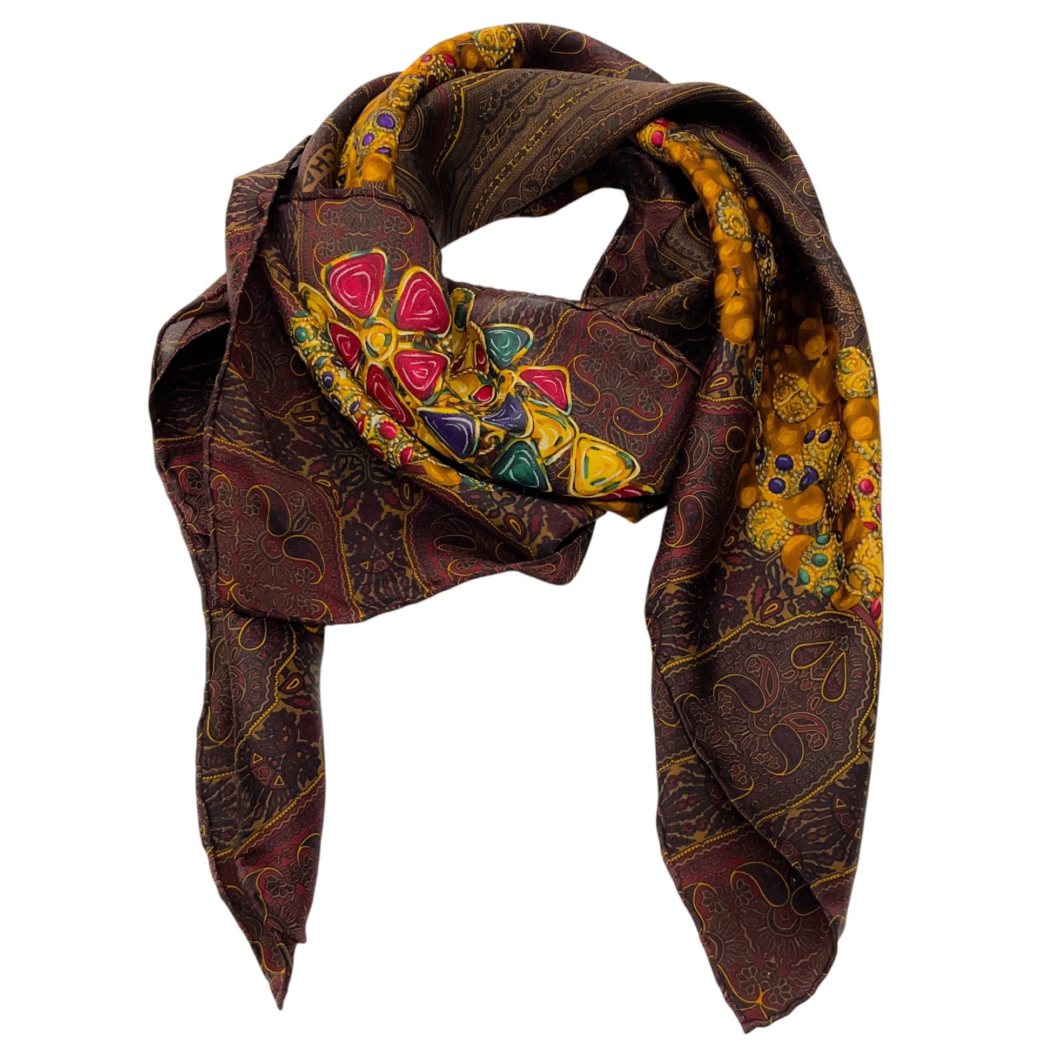 Chanel Brown / Burgundy / Gold Multi Jewel Print Square Silk Twill Scarf
