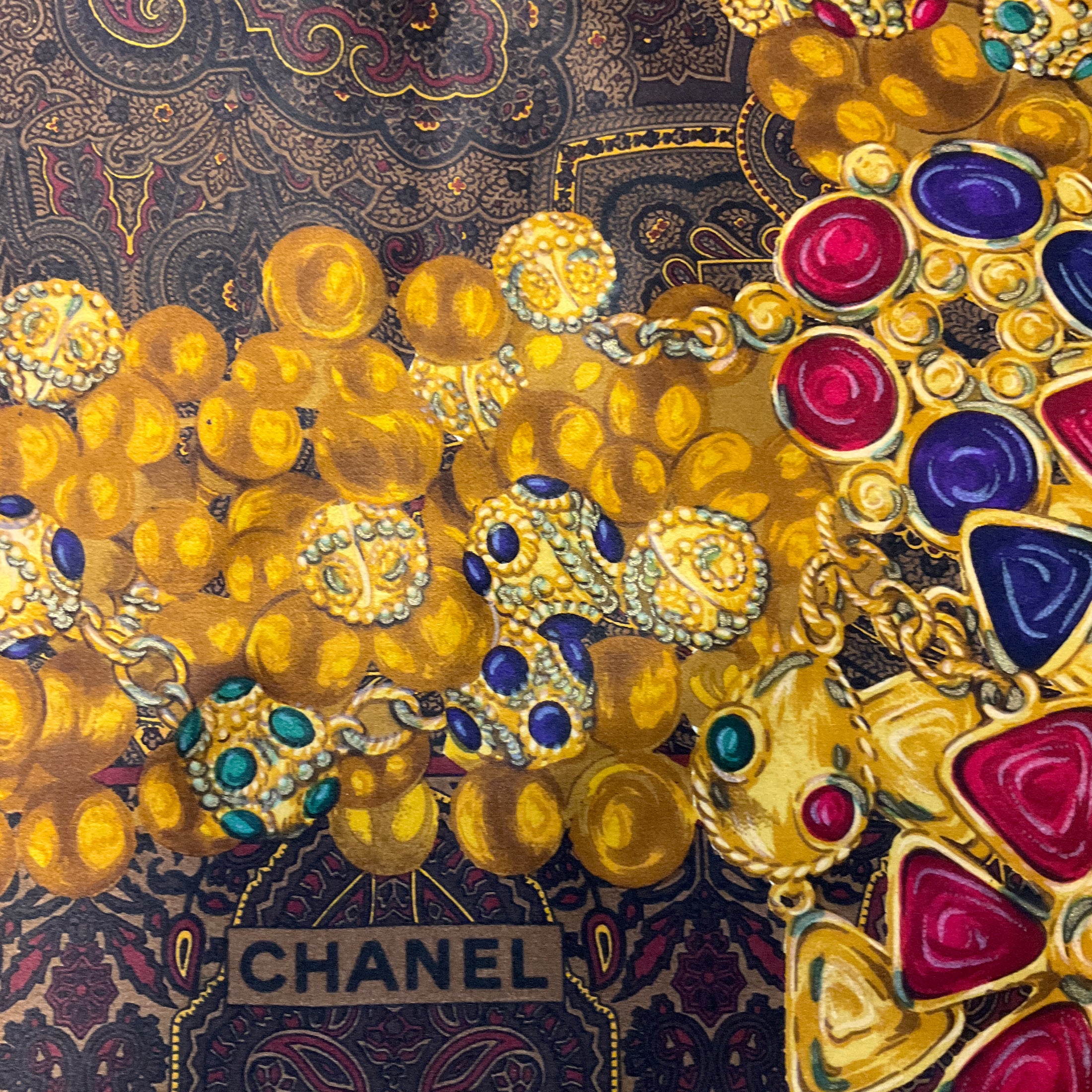 Chanel Brown / Burgundy / Gold Multi Jewel Print Square Silk Twill Scarf