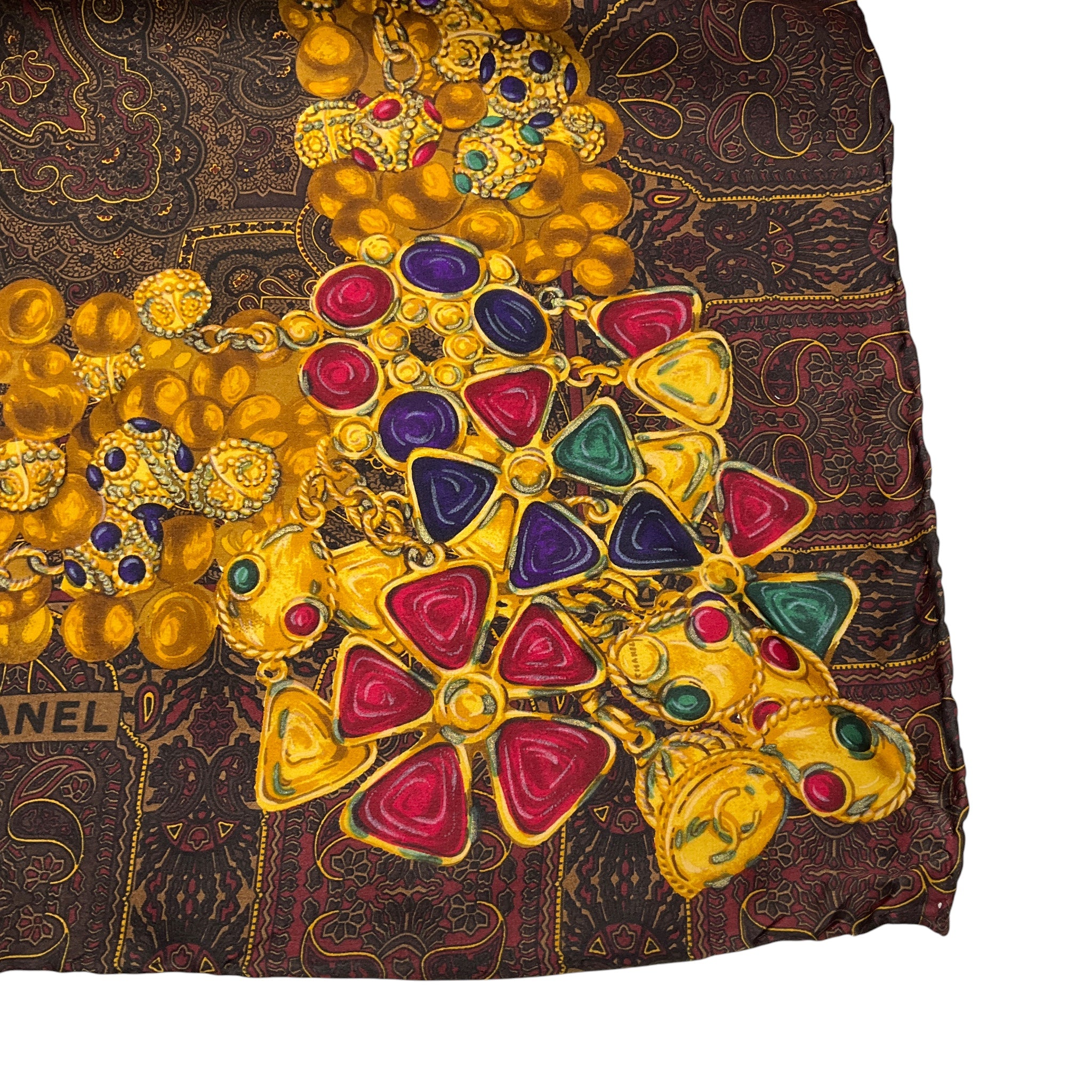 Chanel Brown / Burgundy / Gold Multi Jewel Print Square Silk Twill Scarf