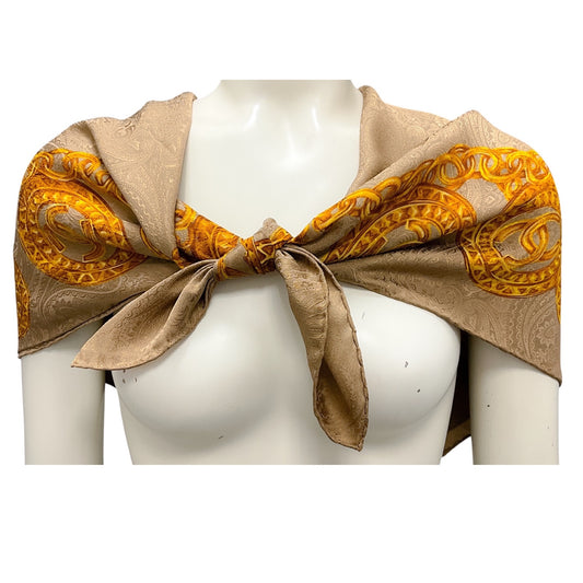 Chanel Taupe / Gold CC Logo Chain Print Square Silk Twill Scarf