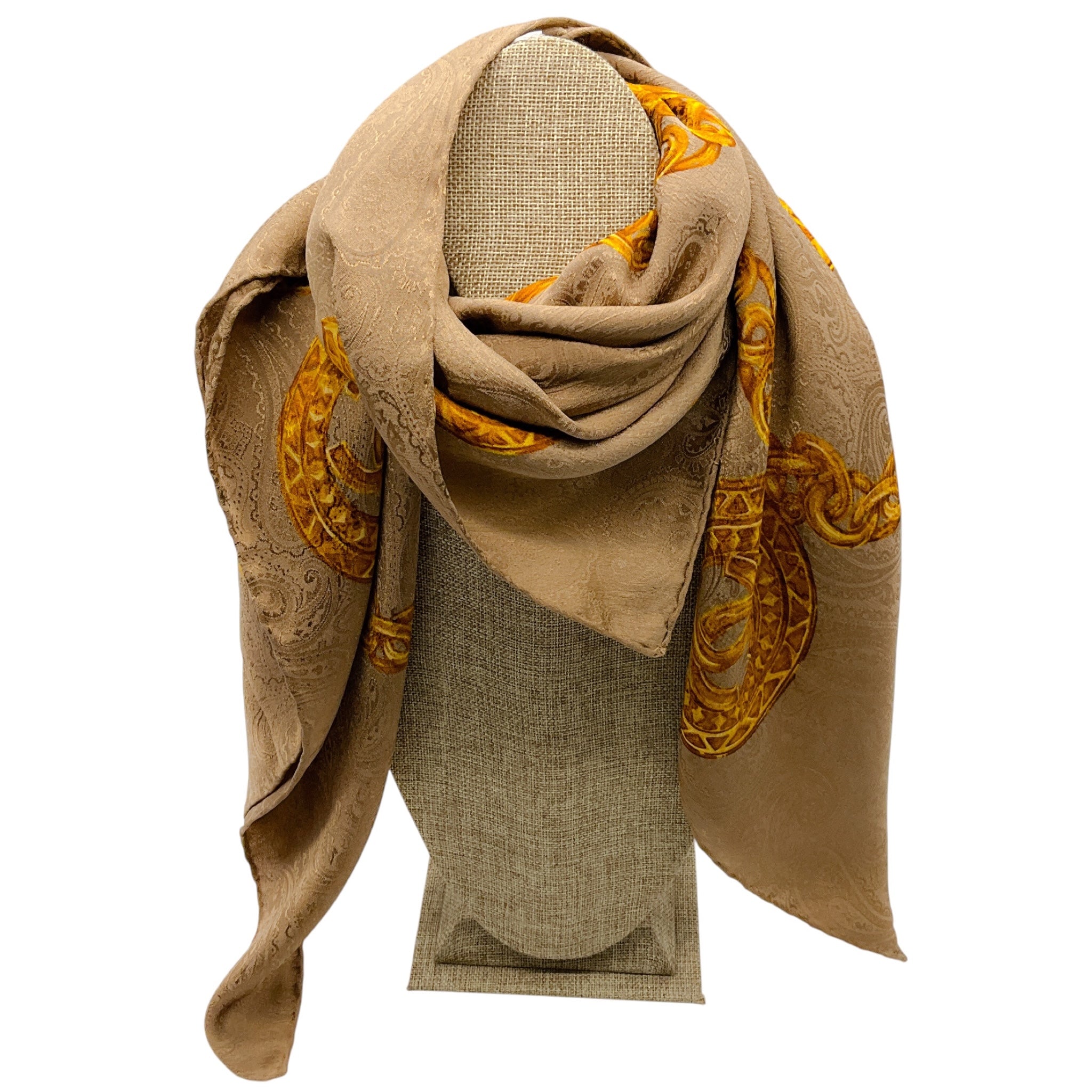 Chanel Taupe / Gold CC Logo Chain Print Square Silk Twill Scarf