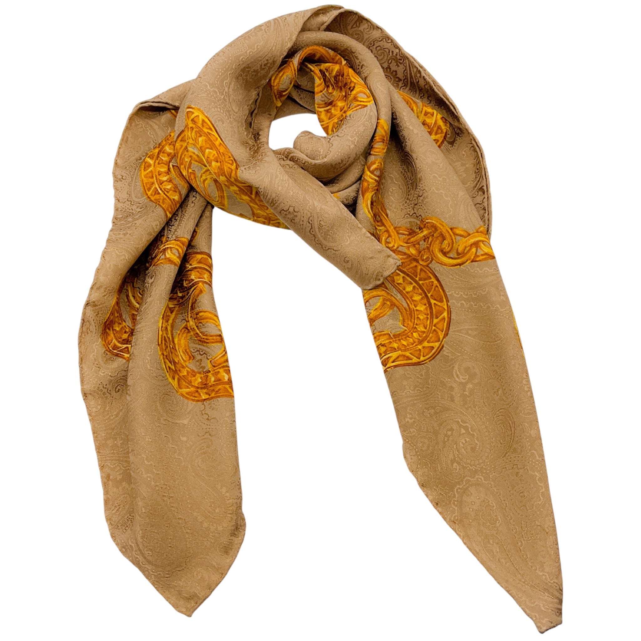 Chanel Taupe / Gold CC Logo Chain Print Square Silk Twill Scarf