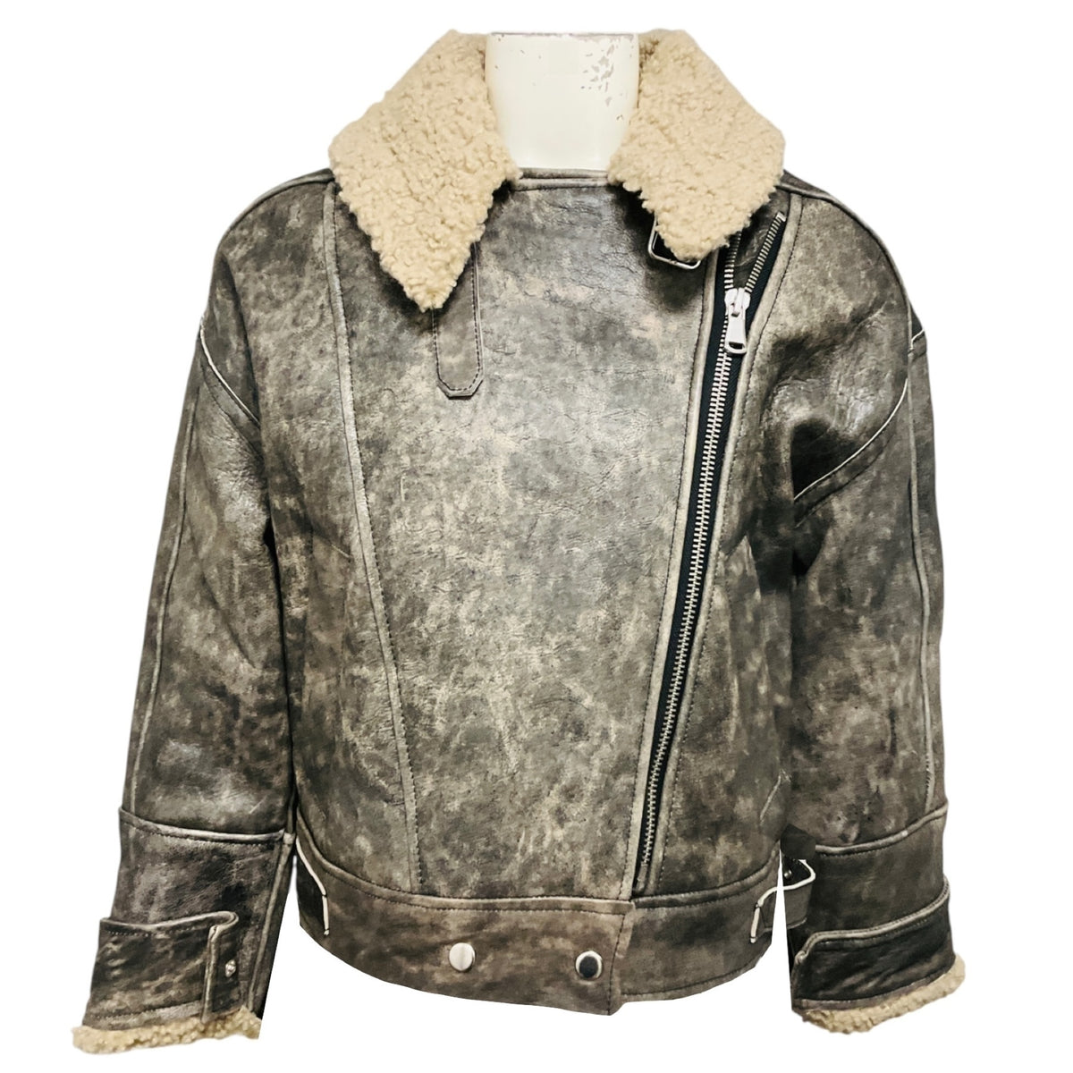 Walter Baker Black Sand / Beige Richie Leather Jacket with Faux Shearling Fur Lining
