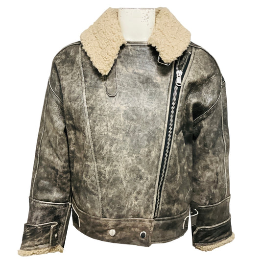 Walter Baker Black Sand / Beige Richie Leather Jacket with Faux Shearling Fur Lining